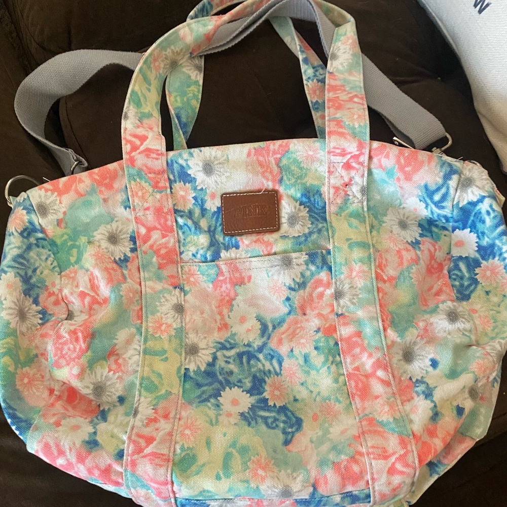 Multicolored with pastel flowers PINK duffle bag.